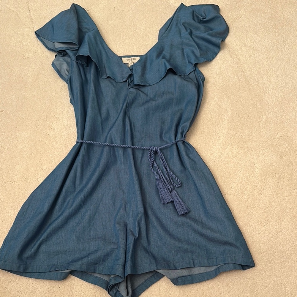 Umgee Blue Ruffled V-Neck Romper
